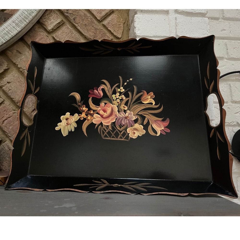 Vintage Rectangular Floral Metal Toile Serving Tray black gold 17"
